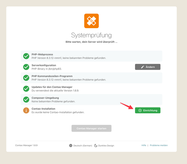 Contao Manager Systemprüfung endet beim Schritt Contao-Installation