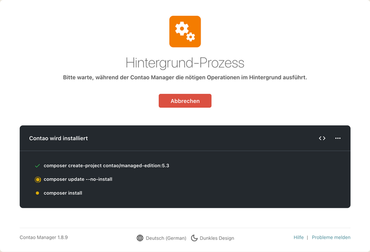 Contao wird im Hintergrund mit composer installiert
