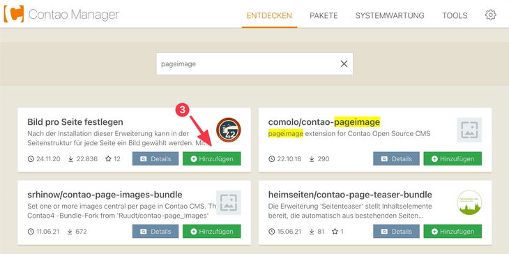 Contao Manager - Paket vormerken