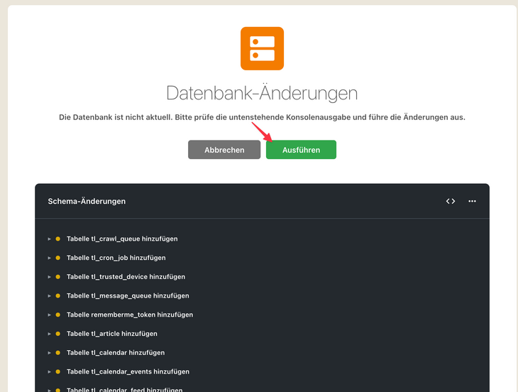 Datenbank ist nicht aktuell, Datenbank-Änderungen ausführen
