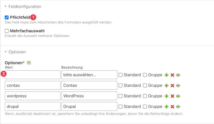 Contao Pflichtfeld Select-Menü
