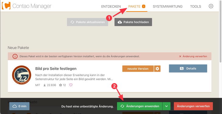 Contao Manager- Paket installieren - Änderungen anwenden