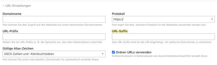 URL-Suffix Einstellung im Backend