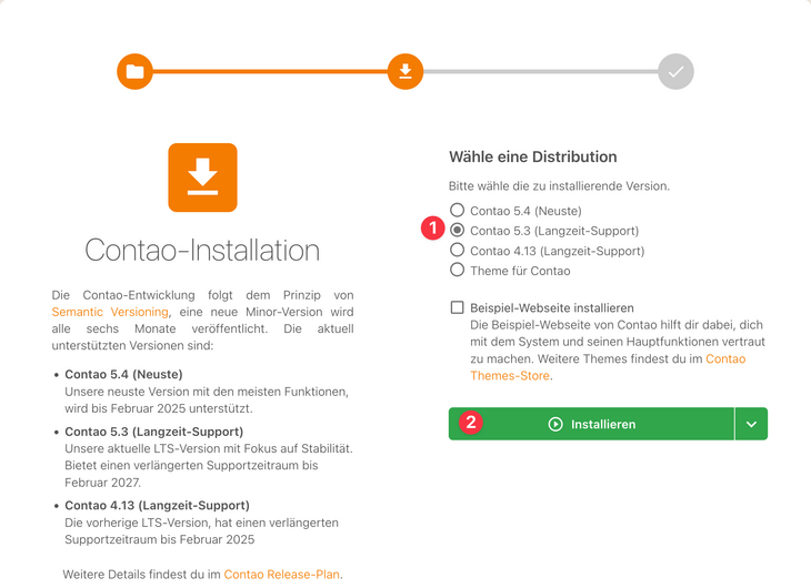 Contao Manager zeigt die verschiedenen zu installierenden Versionen an
