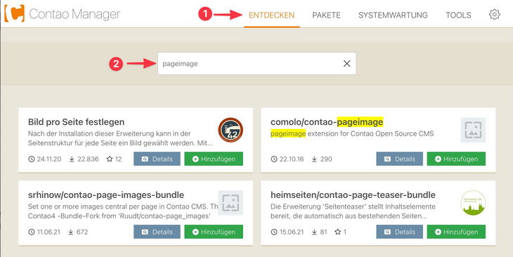 Contao Manager - Paket suchen