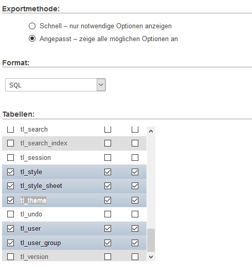 phpMyAdmin - Tabellen vom Export ausschließen